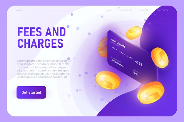 Fees and charges illustration concept, landing page template. Banking card with 3d model of coins