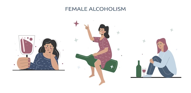 Vector female alcoholism vector set of drunk persons