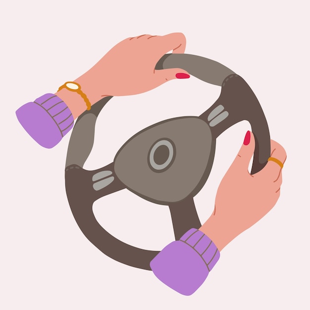 Female hands on steering wheel in flat style for print and design Vector illustration