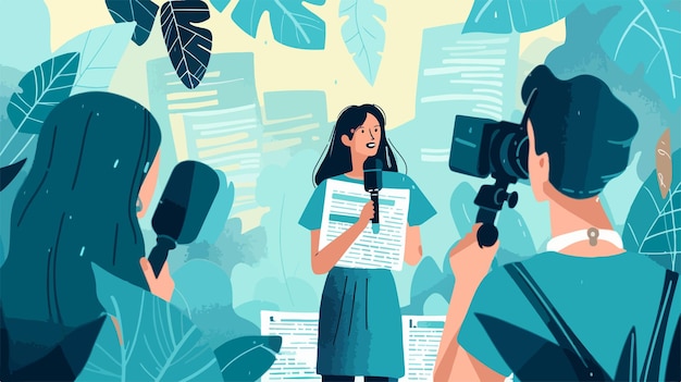 Vector female reporter speaking in microphone concept