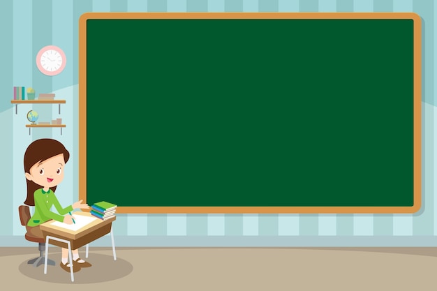 Female teacher sitting on lesson at blackboard in classroom