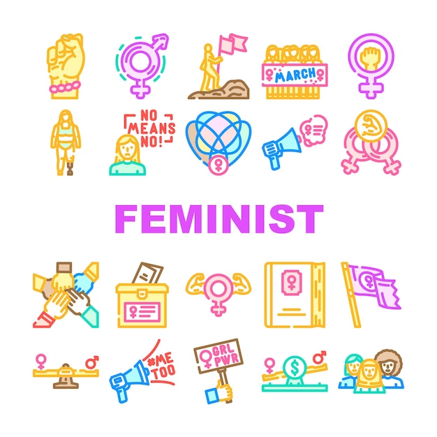 Vector feminist female women icons set vector activist woman feminism strong movement protest fist power girl hand feminist female women color line illustrations