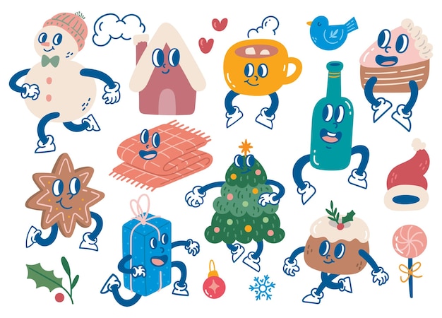 Vector festive christmas cartoon characters fun holiday illustration set