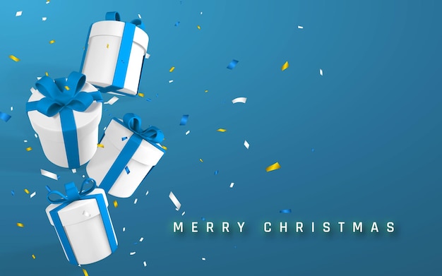 Vector festive christmas or new year background with 3d realistic paper white gift boxes with blue ribbon and bow. paper boxes falling with confetti. vector illustration.