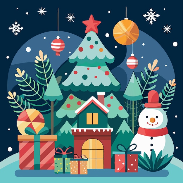 Vector festive christmas scene with a decorated christmas tree a snowman a house presents and snowflakes