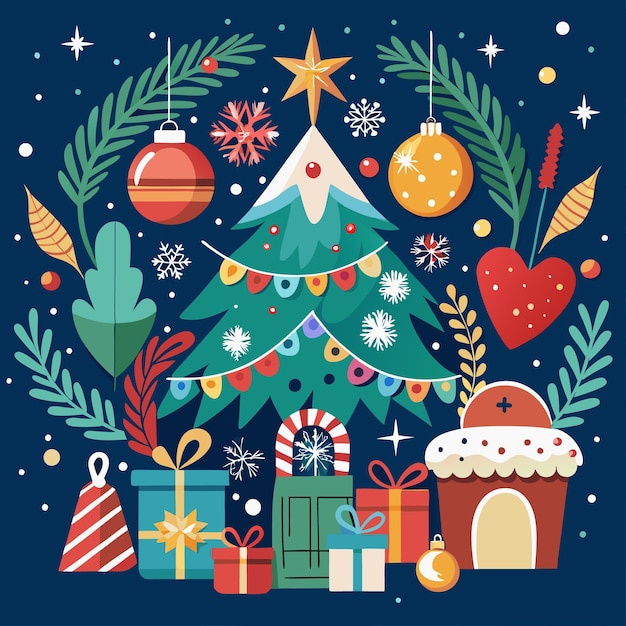 Vector festive christmas tree with ornaments gifts and decorations on a dark blue background