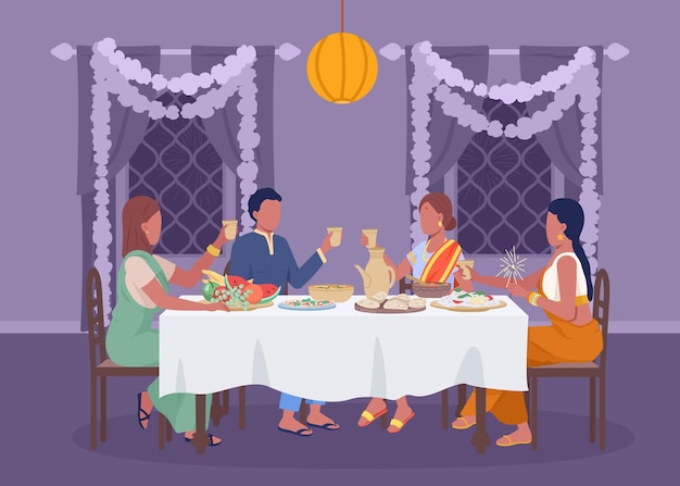 Festive dinner on Diwali flat color vector illustration