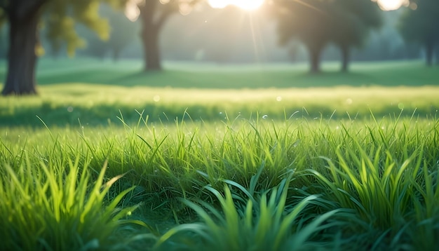 Vector a field of green grass with a blurred background of trees and a sunlit sky creating a peaceful and serene natural scene