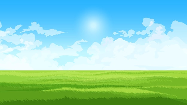 Vector field on sunny day with sun and clouds empty green meadow