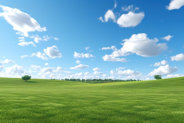 a field with a sky and clouds with trees on the horizon