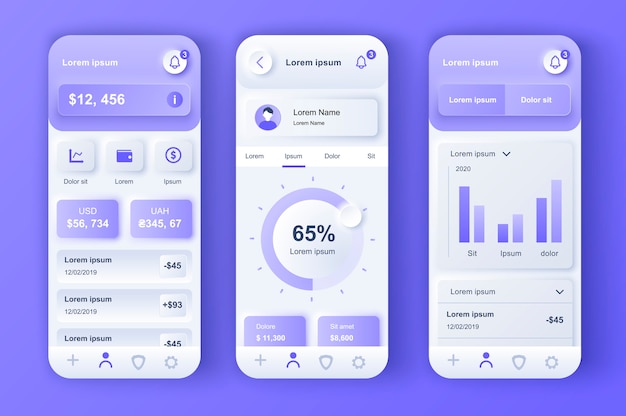 Finance services unique neumorphic design kit for mobile app.