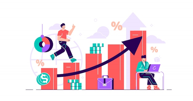 Financial forecast  illustration.  tiny economical persons concept. Money growth prediction and progress report. Symbolic company sales improvement statistics calculation and measurement.