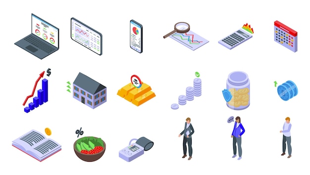 Financial planner icons set isometric vector Money account