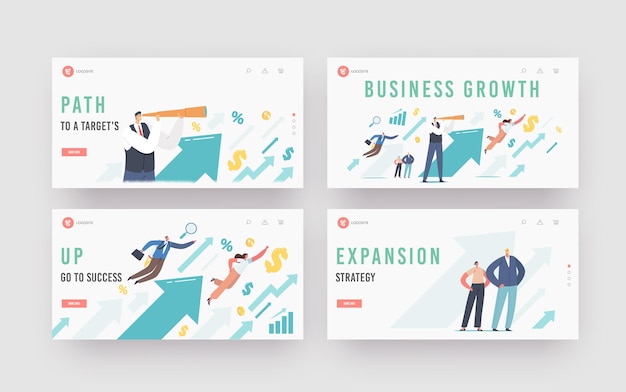 Vector financial success, career growth landing page template set. business people at huge rising arrow move to success. male character with spyglass look on growing arrow chart. cartoon vector illustration