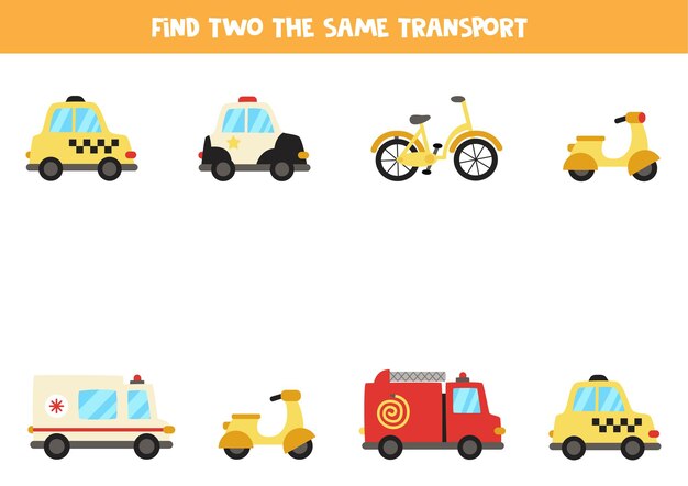 Vector find two identical transportation means. educational game for preschool children.