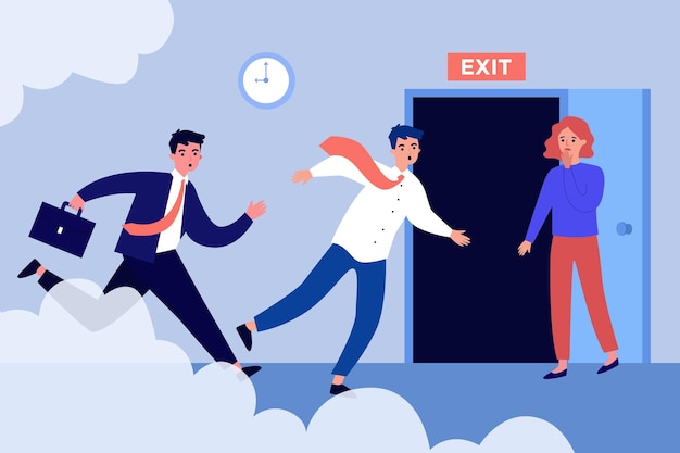 Fire evacuation of employees from office. Persons leaving workplace, running to open door flat vector illustration. Emergency, protection concept for banner, website design or landing web page