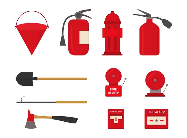 Vector fire safety tools icon collection in a flat design fire extinguisher hydrant alarm bucket ax shovel icons