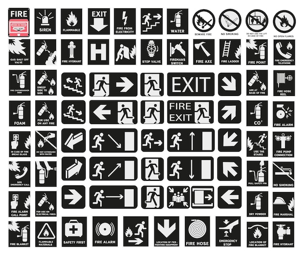 Vector fire signs in black colors actions in case of fire symbols of first aid in case of fire