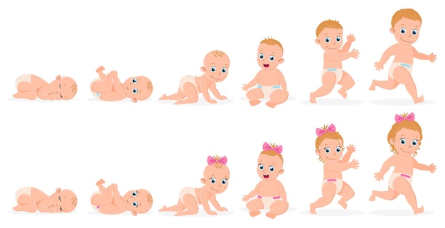 First year baby timeline. Baby boy and girl first year development from newborn to toddler vector illustration. Cute baby month stages development. Toddler development, child early timeline