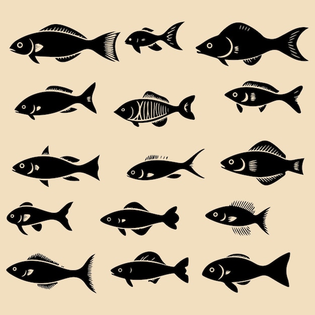 Fish set black silhouette Clip art