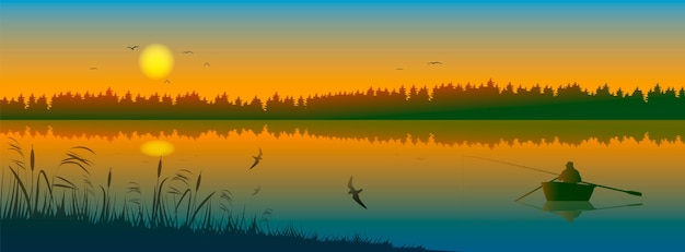 Fisherman on the lake at sunset Vector illustration