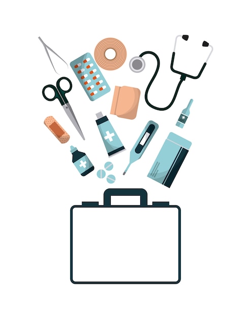 Vector fist aid briefcase with medicine equipment