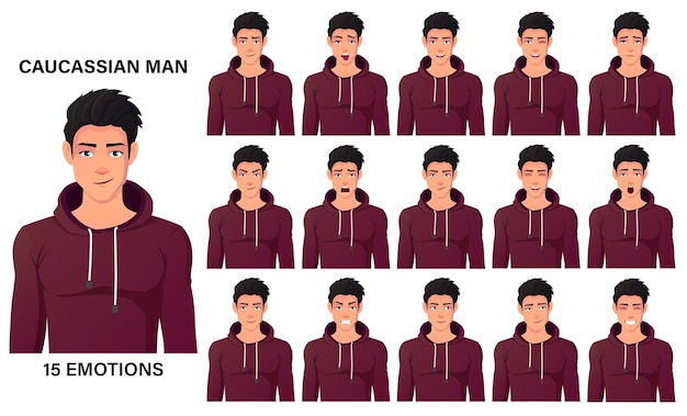 Fit Caucasian Man In Red Hoodie Showing Diffrent Emotions And Facial Expressions Premium Vector