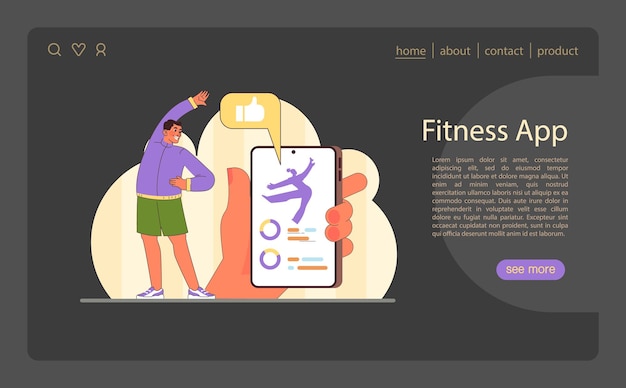 Vector fitness app illustration man achieves fitness goals with a smartphone app symbolizing modern health