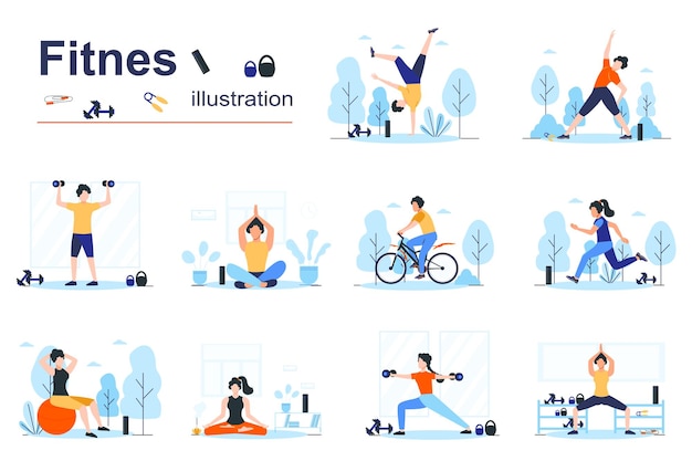 Vector fitness concept scenes seo with tiny people in flat design men and women doing yoga asanas