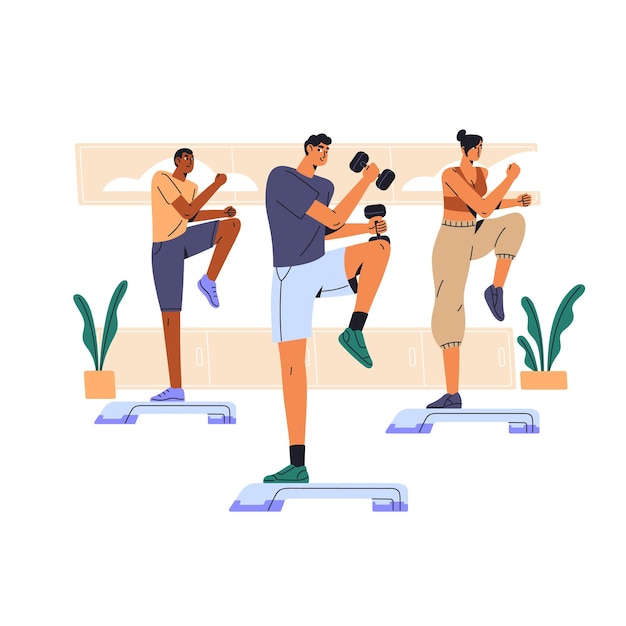 Vector fitness group practices cardio workout in sport class people engage step training pilates sporty man coach with dumbbell goes bench aerobics flat isolated vector illustration on white background