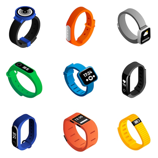 Vector fitness tracker set. isometric set of fitness tracker