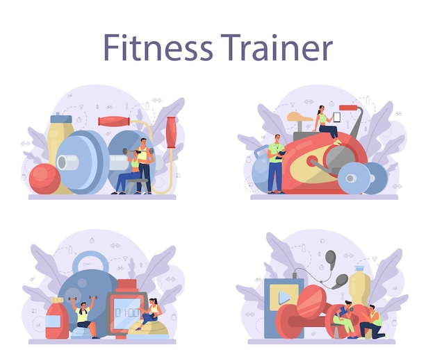 Vector fitness trainer concept set.