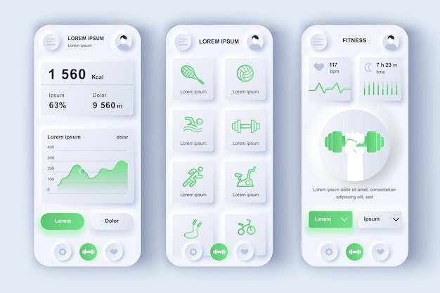 Fitness workout concept neumorphic templates set Calorie tracker UI UX GUI screens