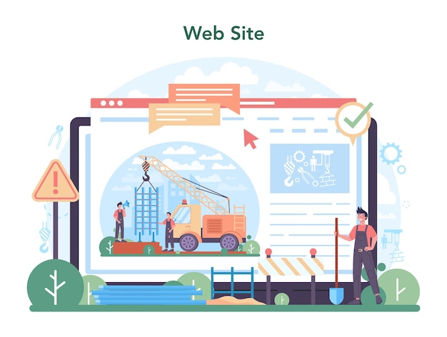 Vector fitter or installer online service or platform. industrial builder at the construction site. workers constructing home. website. flat vector illustration