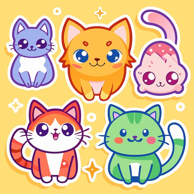 Vector five cartoon cats in different colors and poses each cat has big eyes and a cute smile they are all sitting on a yellow background