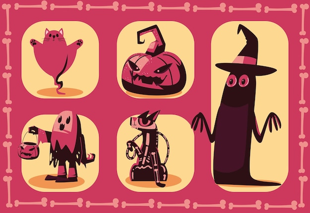 Five flat halloween characters