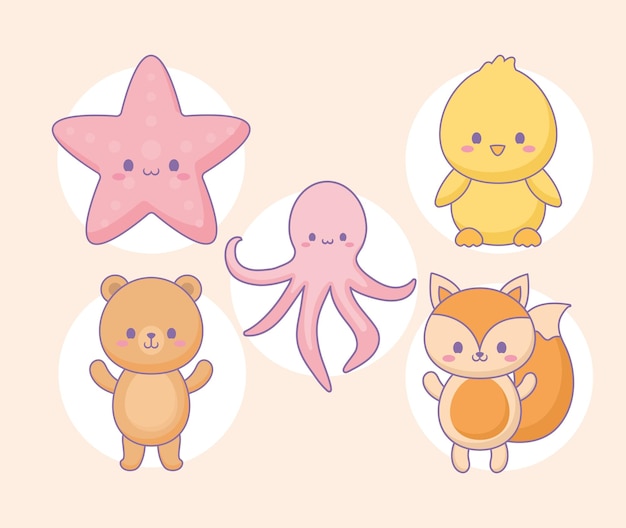 Five kawaii animals