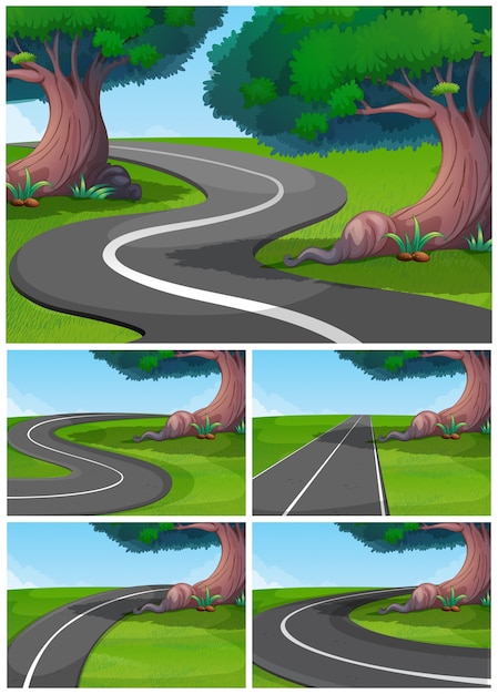 Vector five scenes of road in the park