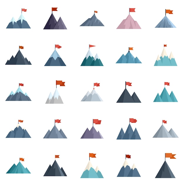 Flag on mountain icons set flat vector Career goal