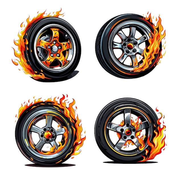 Flame wheels Doodle car motorcycle and bicycle tires with dynamic fire Isolated burning automobile r