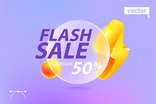 Vector flash sale banner template in glass morphism style with lightning icon on circle glass background