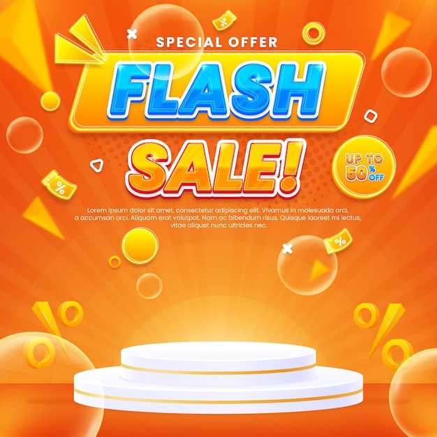 Vector flash sale discount promo banner template with podium isolated on abstract background