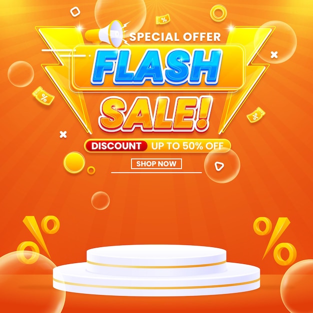 Vector flash sale discount promo banner template with podium isolated on abstract background