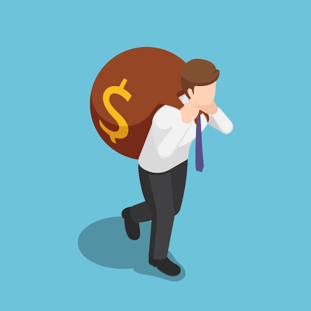 Flat 3d isometric businessman carry big money bag on his back. Business success and finance concept.