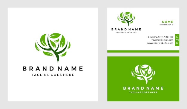 Flat brain leaf logo with business card design