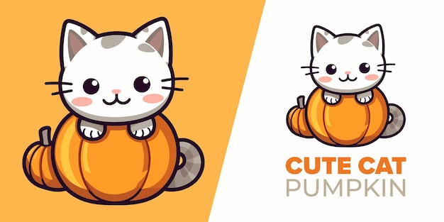 Vector flat cartoon style cute cat meets pumpkin in halloween icon illustration vector