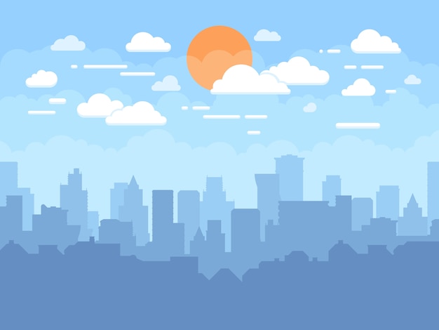 Vector flat cityscape with blue sky, clouds and sun. modern city skyline flat panoramic