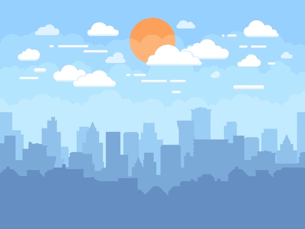 Flat cityscape with blue sky, clouds and sun. Modern city skyline flat panoramic