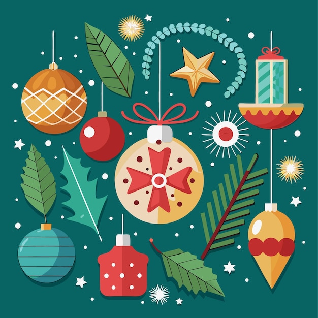 Vector flat design christmas ornaments and festive elements on a green background