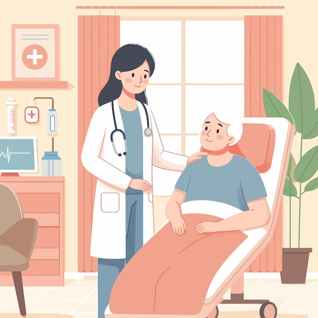 Vector a flat design of a doctor health check her patient with care healthcare of doctor